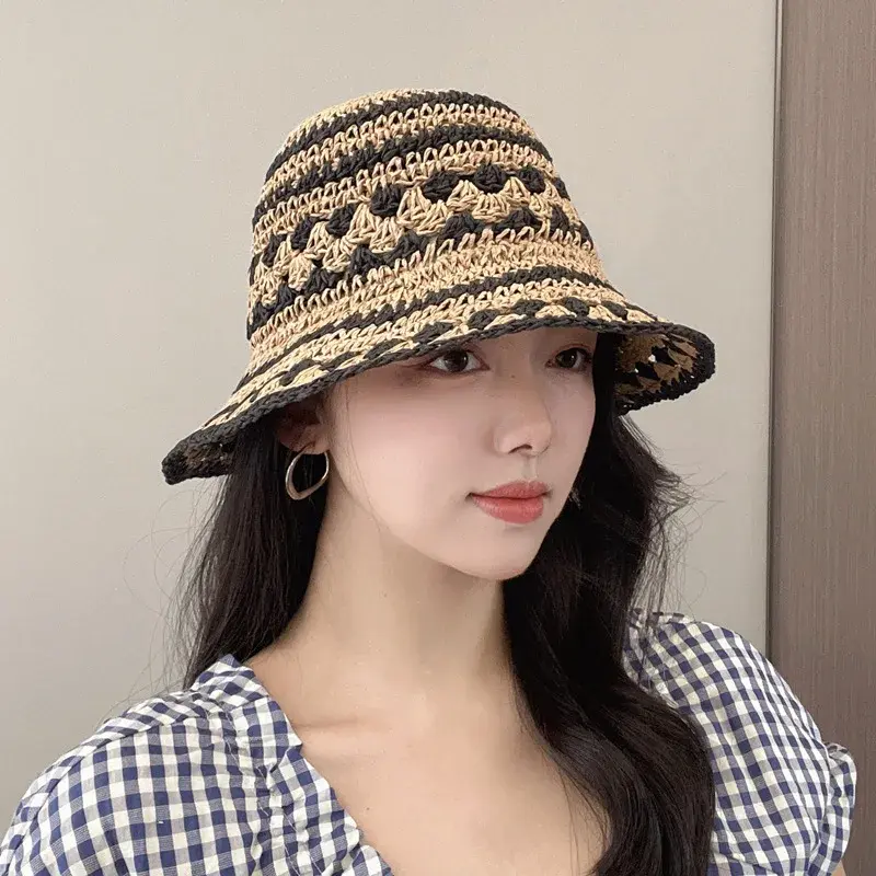 Handwoven Women's Straw Bucket Hat Summer New Style Versatile Color Block Hollow out Sun Protection Fishing Cap Lace Net Hat