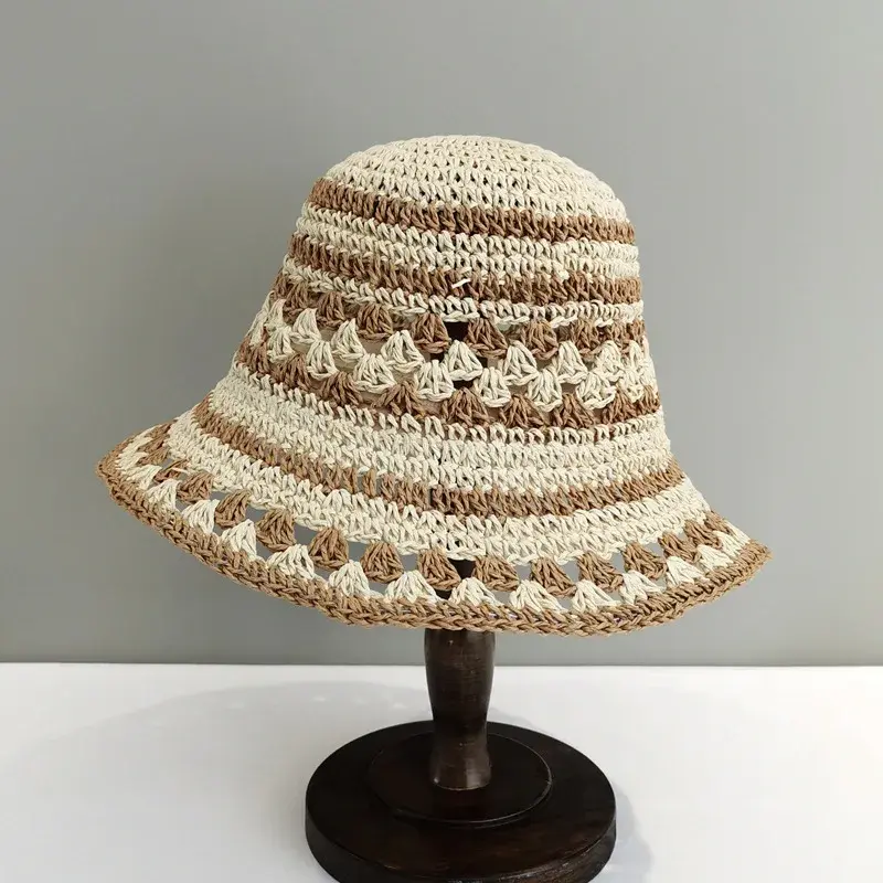 Handwoven Women's Straw Bucket Hat Summer New Style Versatile Color Block Hollow out Sun Protection Fishing Cap Lace Net Hat