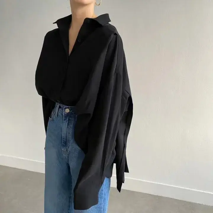 2024 Spring New ChicAutumnDesign Sensibility Women's Loose-Fit Lapel Long Sleeve Shirt Back Pleated Cotton Material V-Neck Pocke
