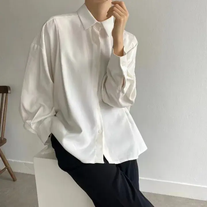 2024 Spring New ChicAutumnDesign Sensibility Women's Loose-Fit Lapel Long Sleeve Shirt Back Pleated Cotton Material V-Neck Pocke