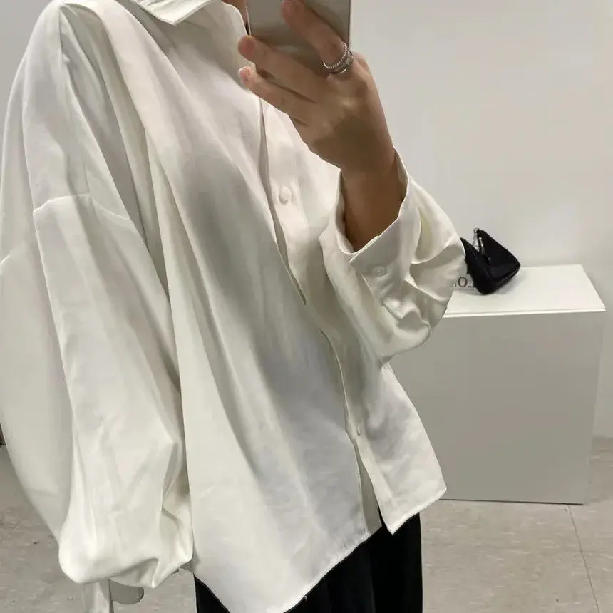 2024 Spring New ChicAutumnDesign Sensibility Women's Loose-Fit Lapel Long Sleeve Shirt Back Pleated Cotton Material V-Neck Pocke