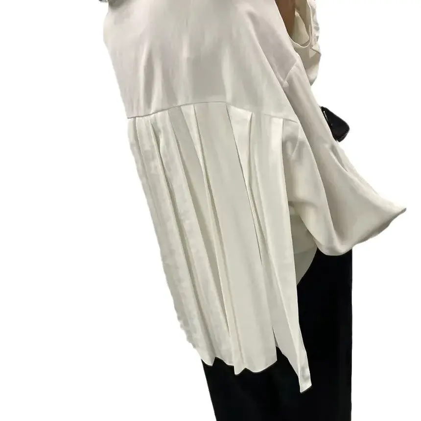 2024 Spring New ChicAutumnDesign Sensibility Women's Loose-Fit Lapel Long Sleeve Shirt Back Pleated Cotton Material V-Neck Pocke