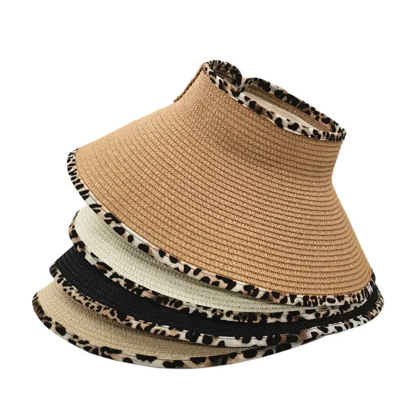 Women's Summer Breathable Straw Weaving Hat Empty Top Butterfly Knot UV Protection Leopard Print Korean Style Sunshade Cap