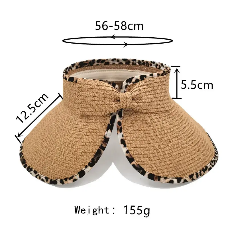 Women's Summer Breathable Straw Weaving Hat Empty Top Butterfly Knot UV Protection Leopard Print Korean Style Sunshade Cap