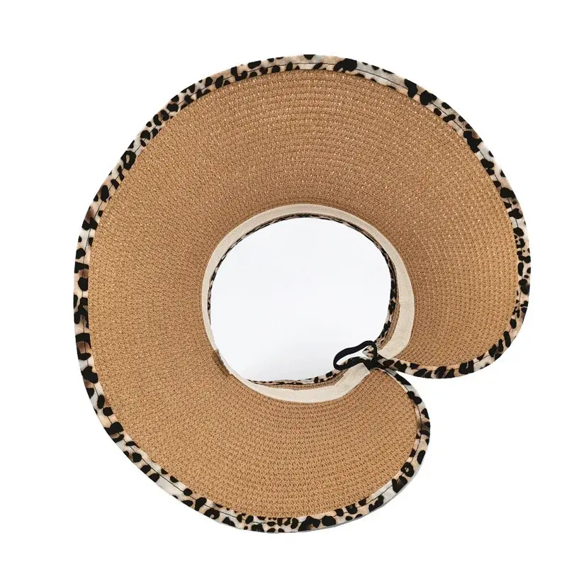 Women's Summer Breathable Straw Weaving Hat Empty Top Butterfly Knot UV Protection Leopard Print Korean Style Sunshade Cap