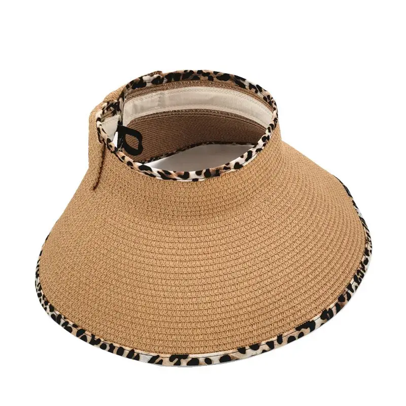 Women's Summer Breathable Straw Weaving Hat Empty Top Butterfly Knot UV Protection Leopard Print Korean Style Sunshade Cap
