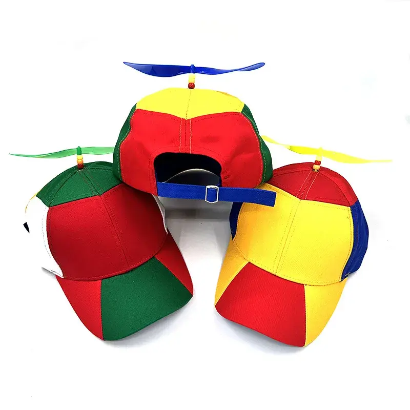Detachable Color Block Baseball Cap with Fan Built-In Original Design Windmill Propeller Bamboo Dragonfly Football Hat