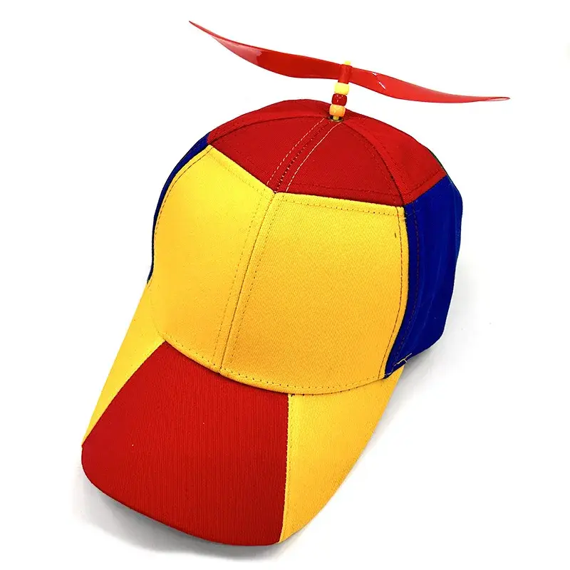Detachable Color Block Baseball Cap with Fan Built-In Original Design Windmill Propeller Bamboo Dragonfly Football Hat