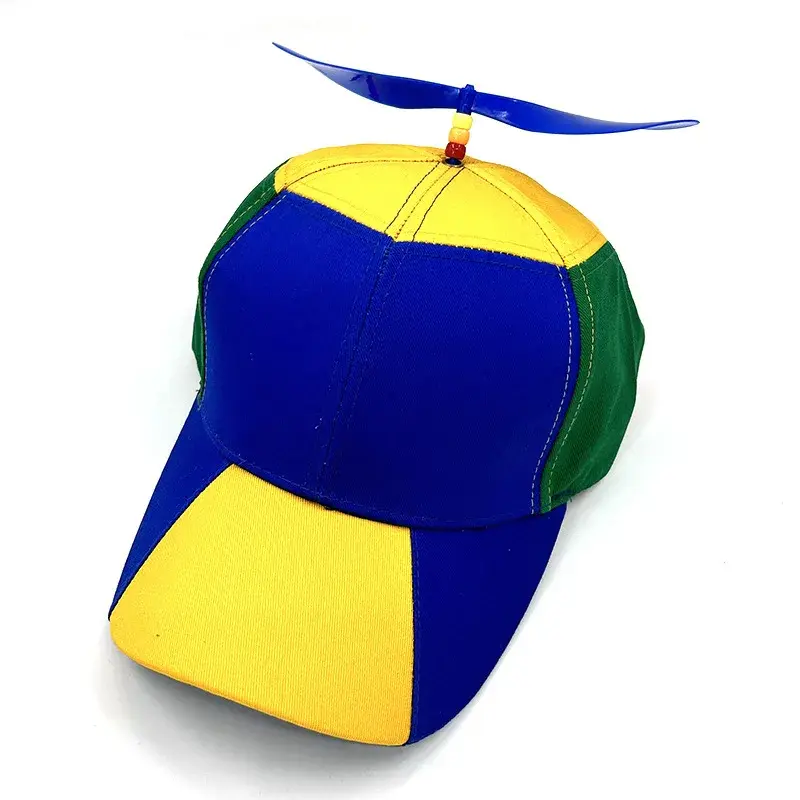 Detachable Color Block Baseball Cap with Fan Built-In Original Design Windmill Propeller Bamboo Dragonfly Football Hat