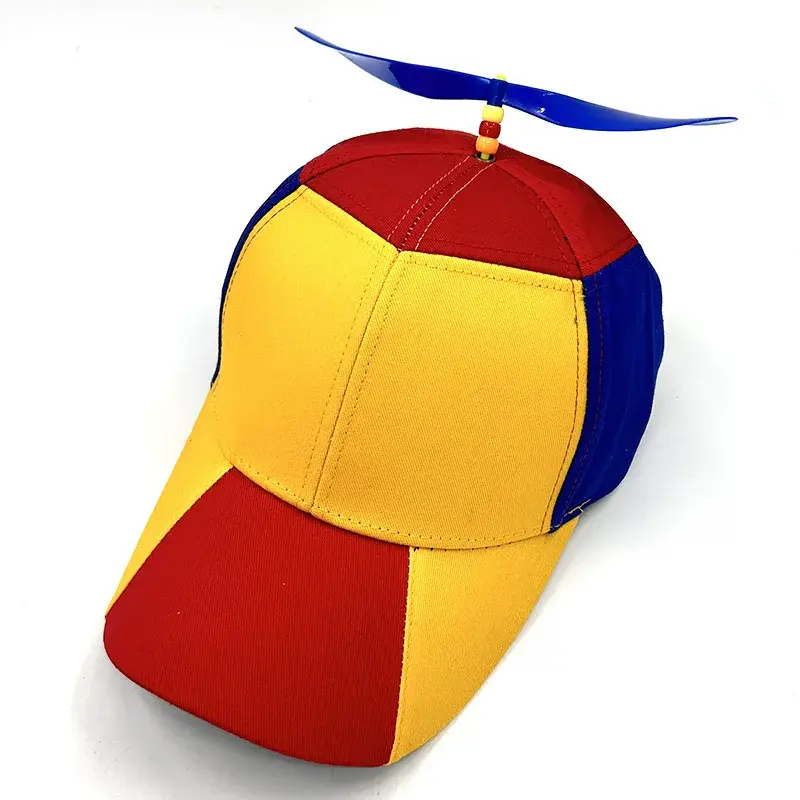 Detachable Color Block Baseball Cap with Fan Built-In Original Design Windmill Propeller Bamboo Dragonfly Football Hat