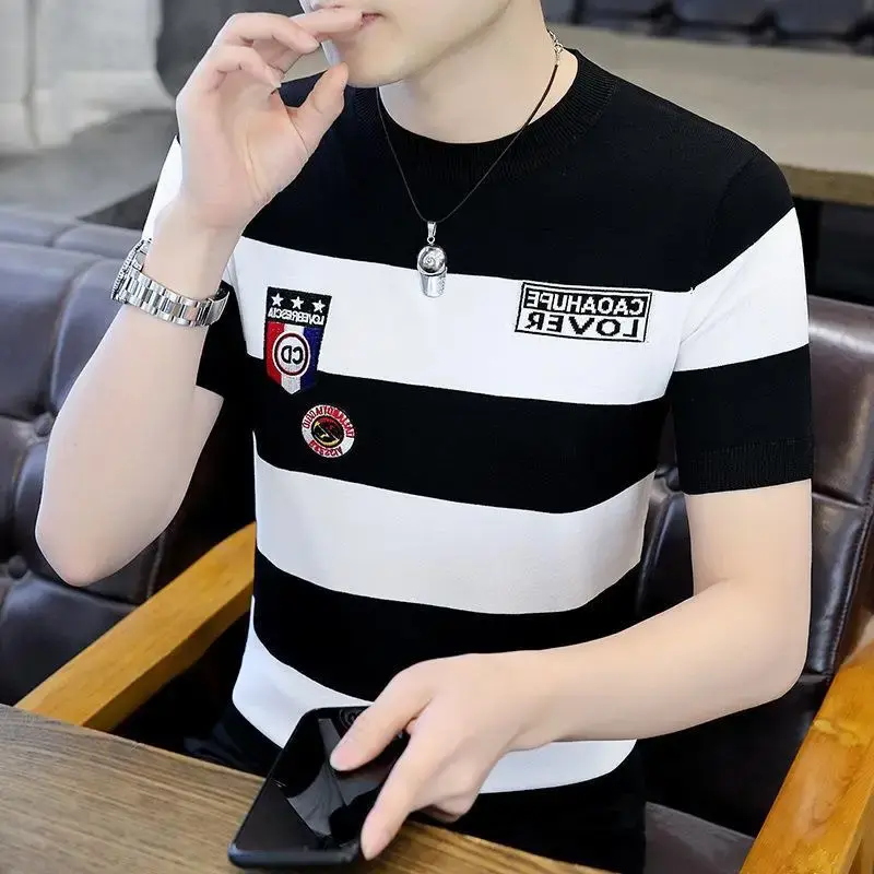Daily Men's T-Shirt Trendy Brand Casual Striped Cartoon Short Sleeves Ice Silk Half Sleeve Men's Wear Crew Neck Style