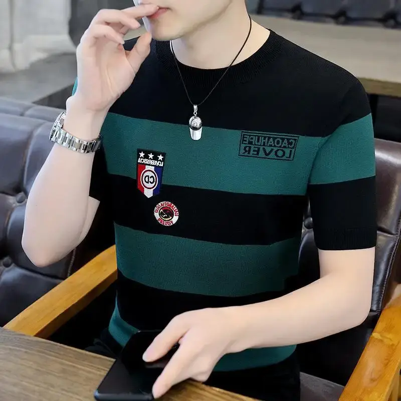 Daily Men's T-Shirt Trendy Brand Casual Striped Cartoon Short Sleeves Ice Silk Half Sleeve Men's Wear Crew Neck Style