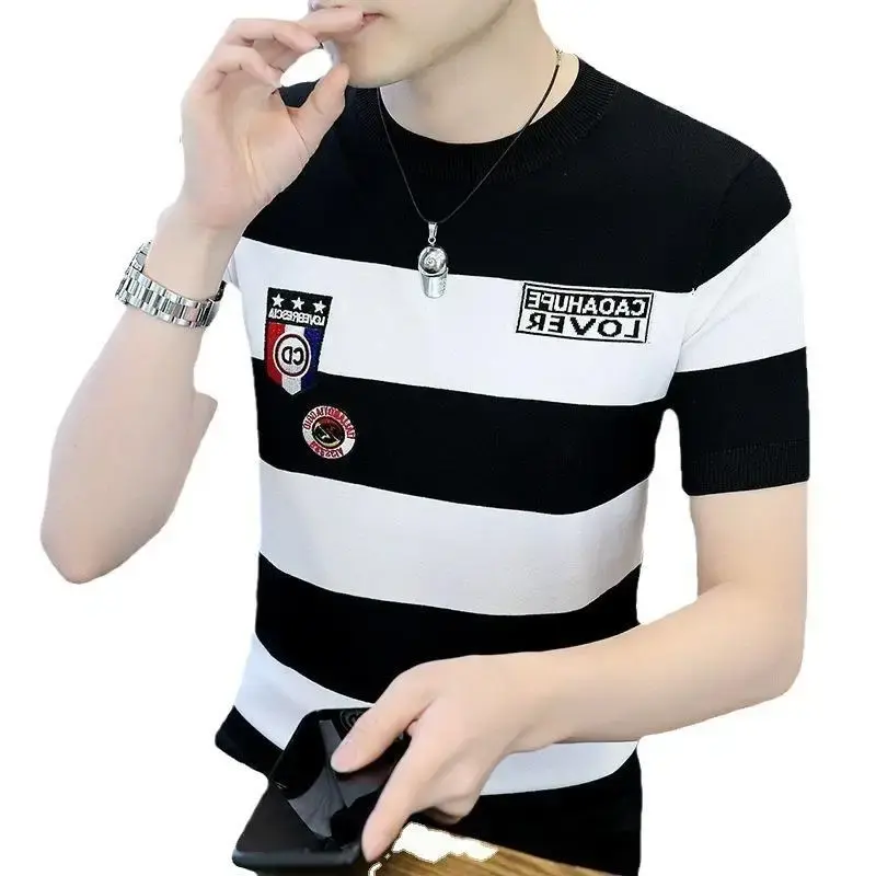 Daily Men's T-Shirt Trendy Brand Casual Striped Cartoon Short Sleeves Ice Silk Half Sleeve Men's Wear Crew Neck Style