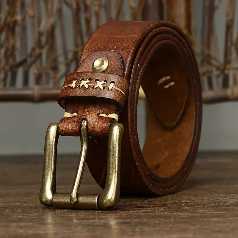 Vintage Distressed Trendy Unique Pull Strap Top Layer Cow Leather Belt Men's Genuine Leather Button Jeans Belt Men's Style