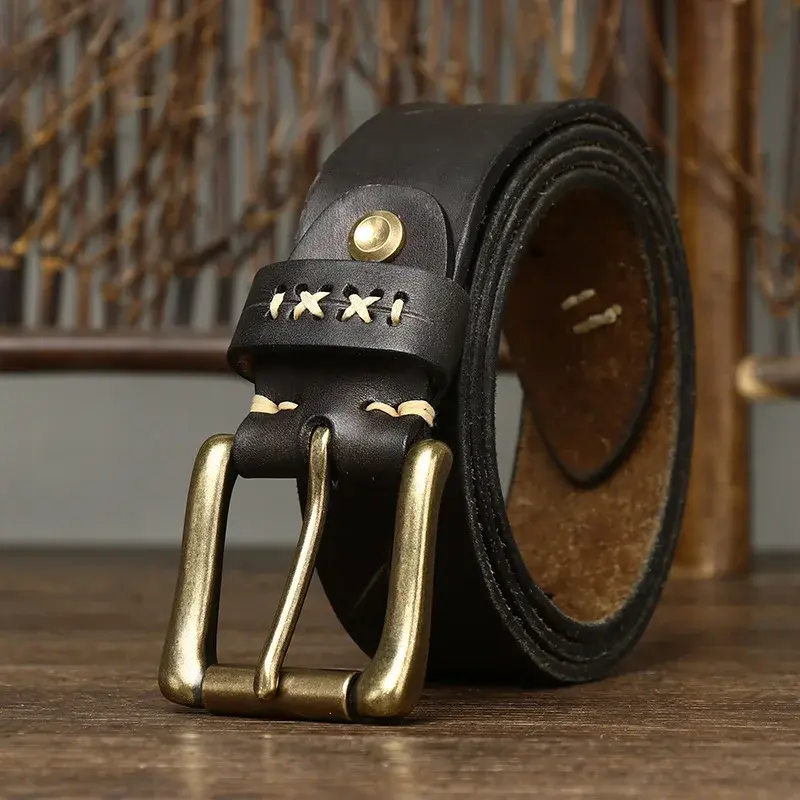 Vintage Distressed Trendy Unique Pull Strap Top Layer Cow Leather Belt Men's Genuine Leather Button Jeans Belt Men's Style
