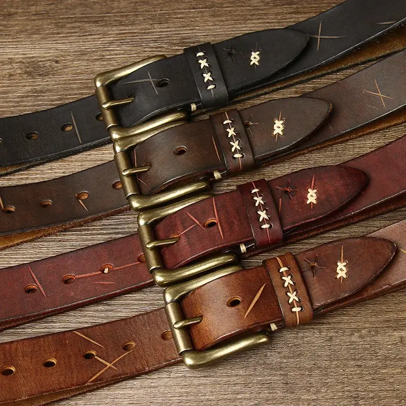 Vintage Distressed Trendy Unique Pull Strap Top Layer Cow Leather Belt Men's Genuine Leather Button Jeans Belt Men's Style