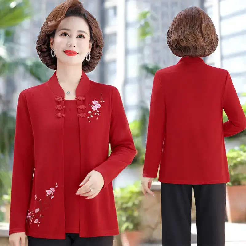 2023 New Autumn Loose-Fit T-Shirt Two-Piece Illusion Casual Comfortable Versatile Grandma Shirt Women's Polyester Crew Neck