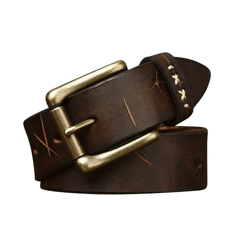 Vintage Distressed Trendy Unique Pull Strap Top Layer Cow Leather Belt Men's Genuine Leather Button Jeans Belt Men's Style