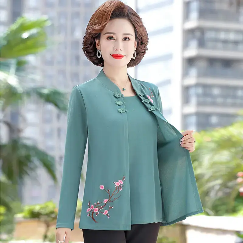 2023 New Autumn Loose-Fit T-Shirt Two-Piece Illusion Casual Comfortable Versatile Grandma Shirt Women's Polyester Crew Neck