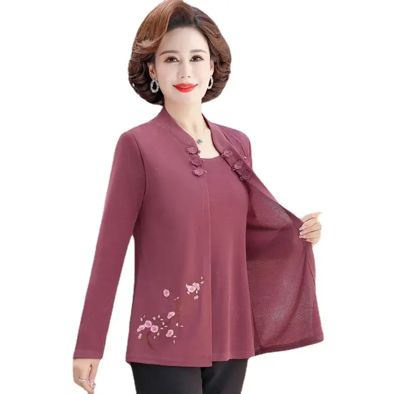 2023 New Autumn Loose-Fit T-Shirt Two-Piece Illusion Casual Comfortable Versatile Grandma Shirt Women's Polyester Crew Neck
