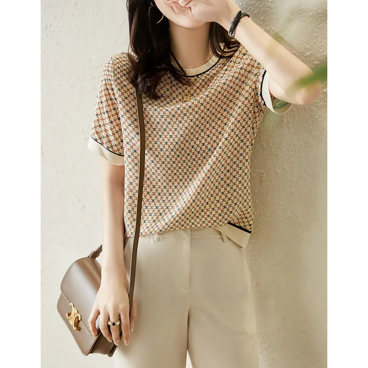 Silk Printed Short Sleeve T-Shirt Women's Casual Versatile Top Spring Summer New Arrival Crew Neck Regular Sleeve Length