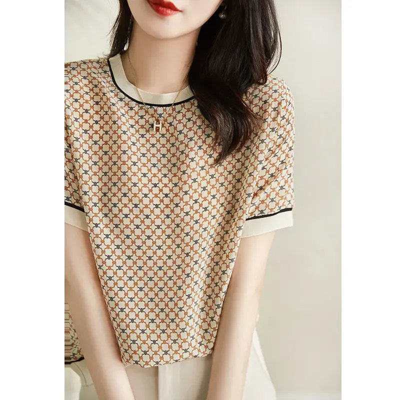 Silk Printed Short Sleeve T-Shirt Women's Casual Versatile Top Spring Summer New Arrival Crew Neck Regular Sleeve Length