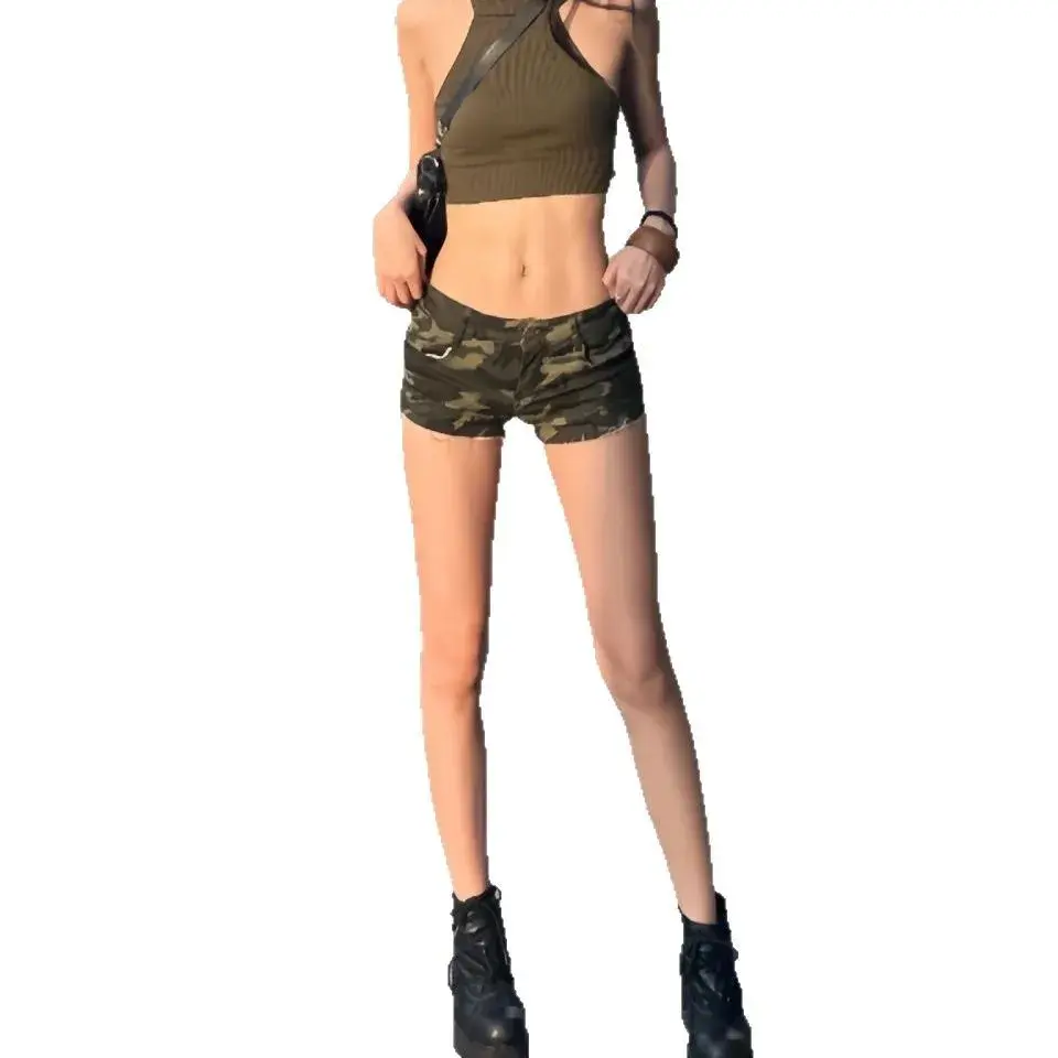 Low Waist Camouflage Denim Shorts Women's Millennium Style Hot Pants Tight Fitting Shorts Summer New Arrival Cotton Blend