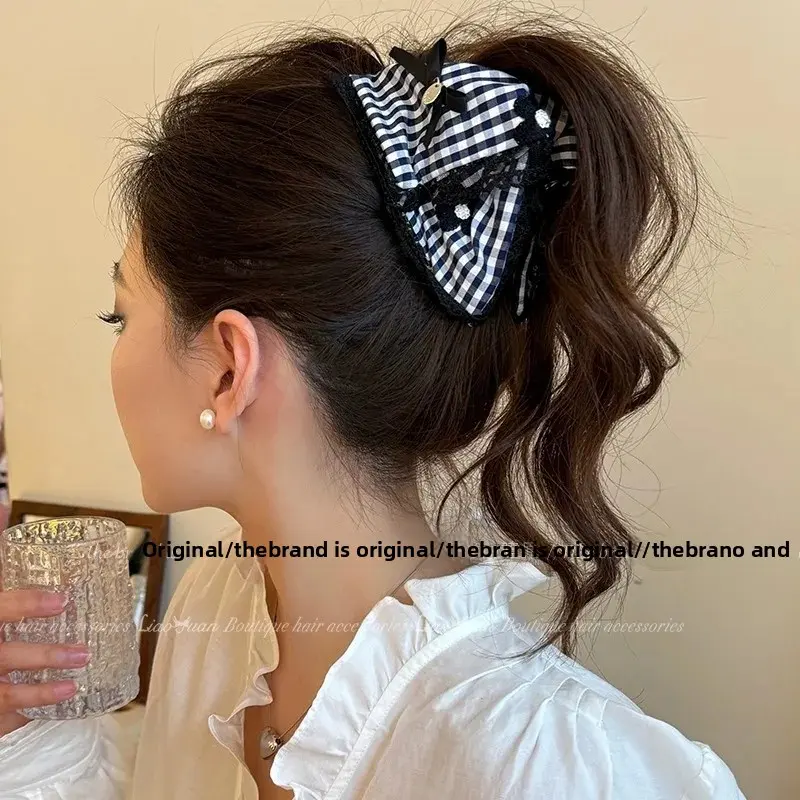 Korean Sweet Elegant Plaid Hair Clips Women's New 2025 High End Back of Head Grab Clips Spring Summer INS Shark Clamp