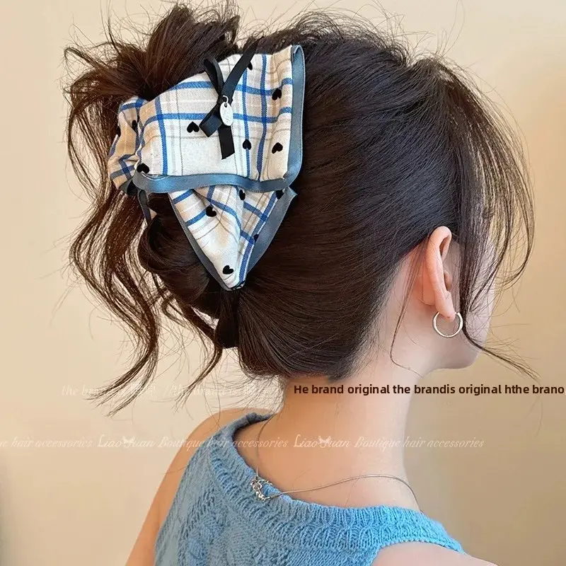 Korean Sweet Elegant Plaid Hair Clips Women's New 2025 High End Back of Head Grab Clips Spring Summer INS Shark Clamp