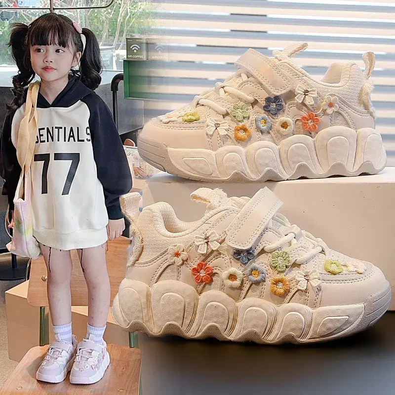 Spring Autumn Children's Breathable Flowers Bread Shoes Girls Knot Student Style Casual Shoes Comfortable Soft Soled Footwear