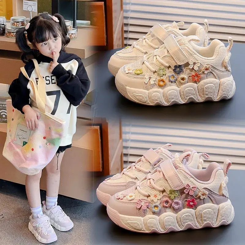 Spring Autumn Children's Breathable Flowers Bread Shoes Girls Knot Student Style Casual Shoes Comfortable Soft Soled Footwear