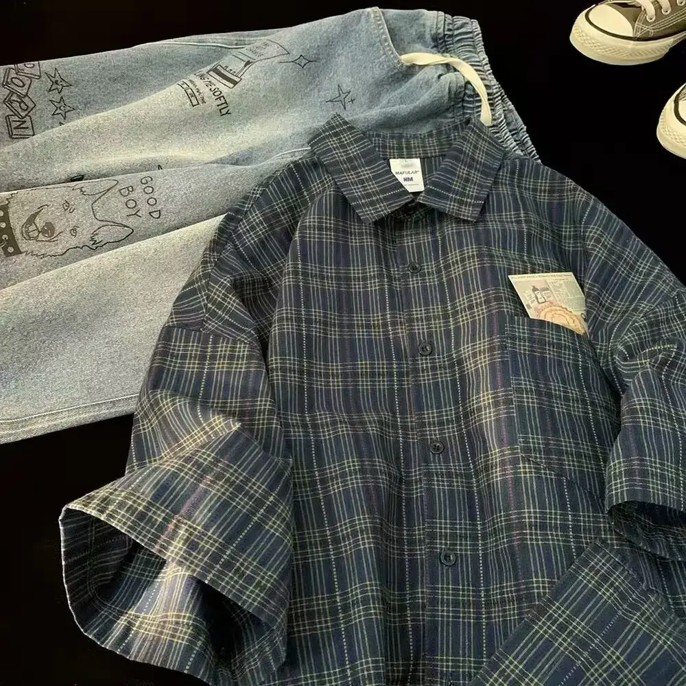 Casual Loose Summer Short Sleeve Shirt Men's Women's Plaid Outerwear Fashionable Korean Style Top College Style Outerwear