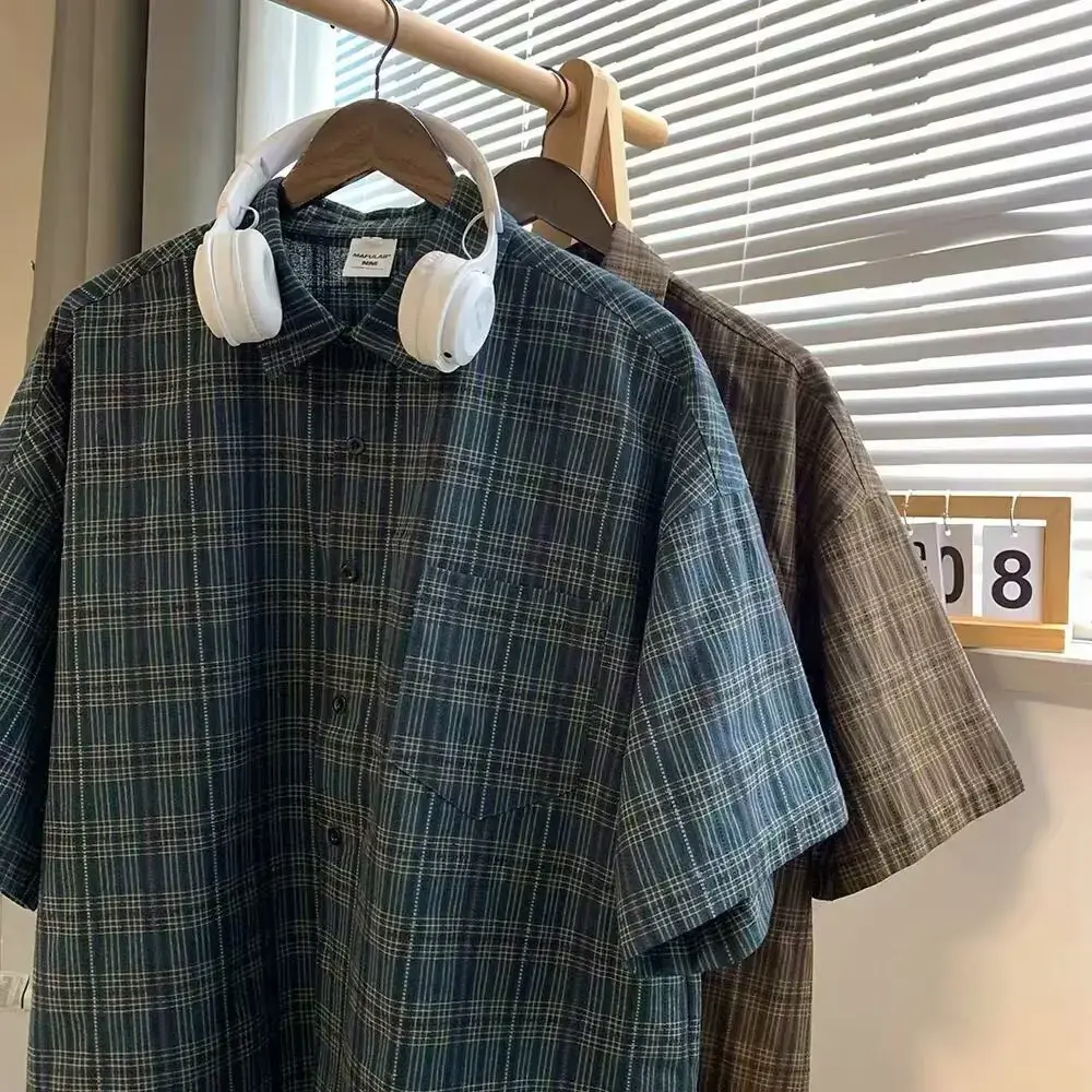 Casual Loose Summer Short Sleeve Shirt Men's Women's Plaid Outerwear Fashionable Korean Style Top College Style Outerwear