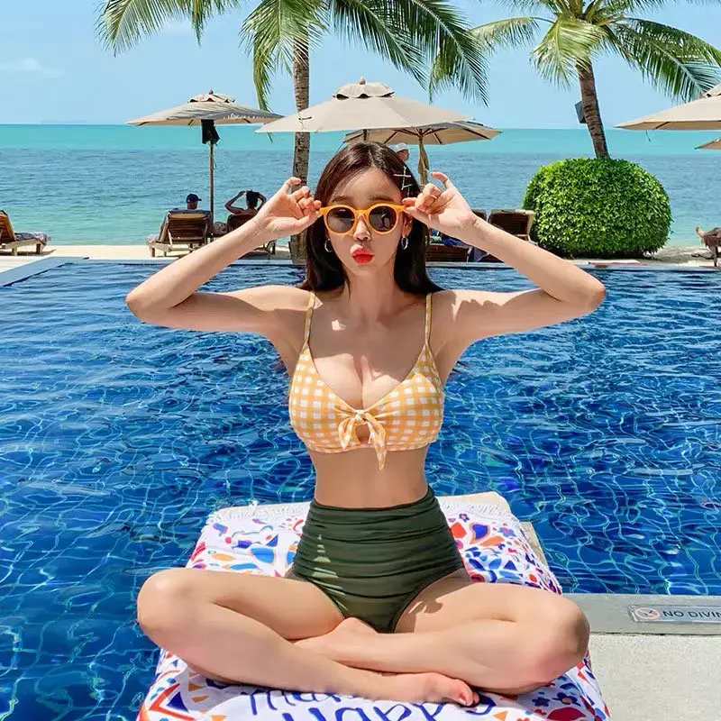 High Waist Bikini Top Women's Vacation Swimwear Sexy Small Chest Gathered Strapless Slimming Thermal Spa Suit Big Bottom Piece