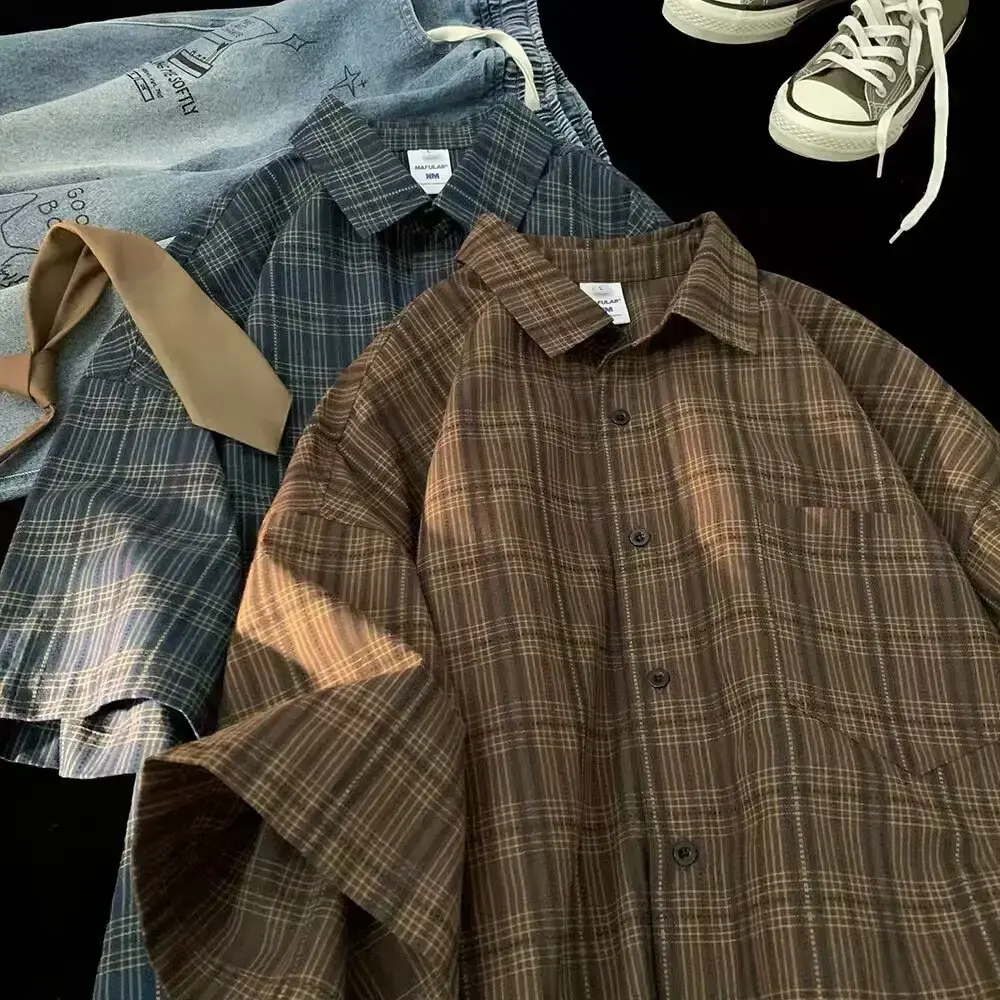 Casual Loose Summer Short Sleeve Shirt Men's Women's Plaid Outerwear Fashionable Korean Style Top College Style Outerwear