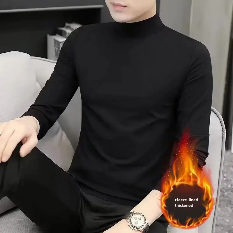 Men's Fleece Half Polo/Turtle Neck Long Sleeve T-Shirt Autumn/Winter Solid Color Inner Trendy Flowy Clothing Warm Base Layer Top