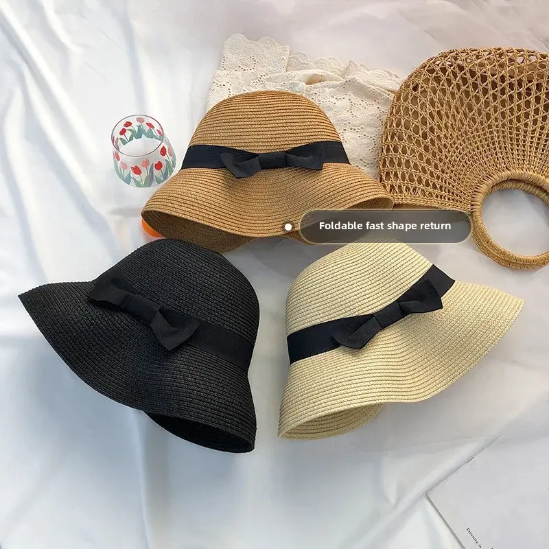 Summer Beach Straw Hat Women's Foldable Woven Sunshade Holiday Vacation Hepburn Style Hat French Vintage Butterfly Knot