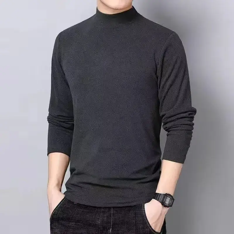 Men's Fleece Half Polo/Turtle Neck Long Sleeve T-Shirt Autumn/Winter Solid Color Inner Trendy Flowy Clothing Warm Base Layer Top