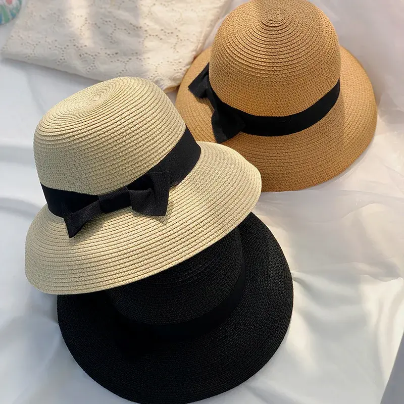 Summer Beach Straw Hat Women's Foldable Woven Sunshade Holiday Vacation Hepburn Style Hat French Vintage Butterfly Knot