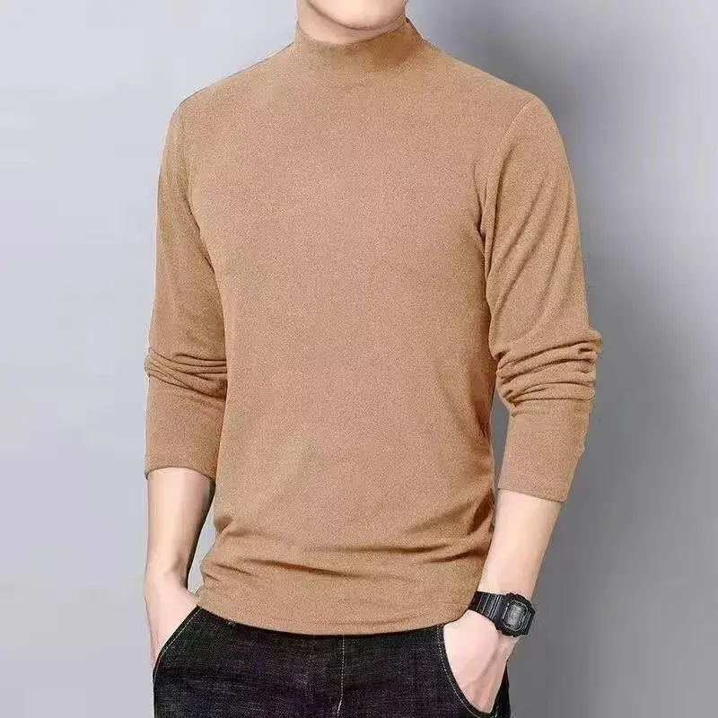 Men's Fleece Half Polo/Turtle Neck Long Sleeve T-Shirt Autumn/Winter Solid Color Inner Trendy Flowy Clothing Warm Base Layer Top