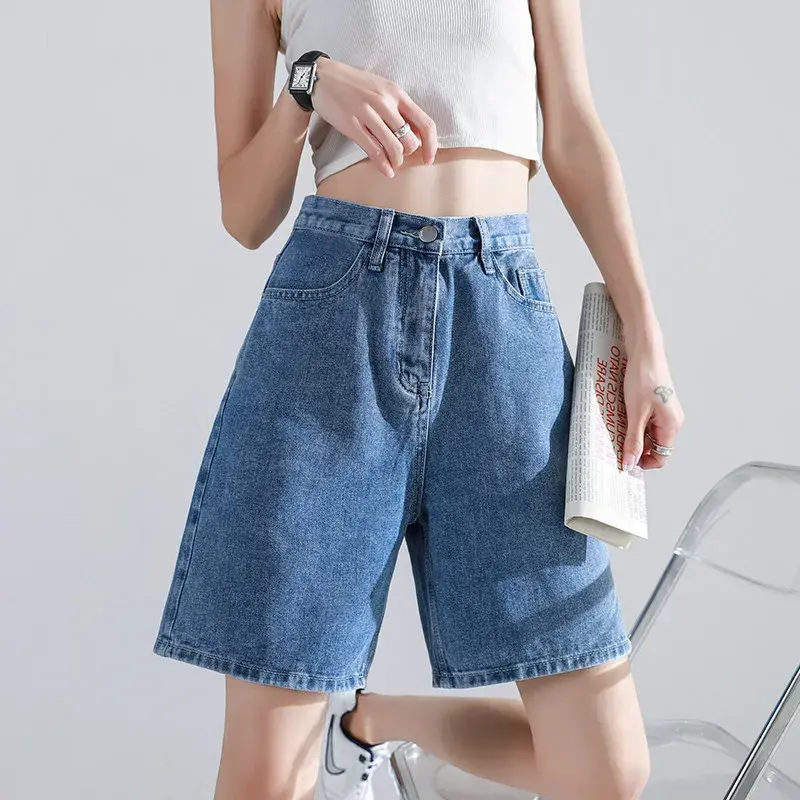 Summer Thin Five-Point Denim Shorts Women's Loose Wide Leg Straight Cut Pants High Street Style Casual Fashionable Shorts