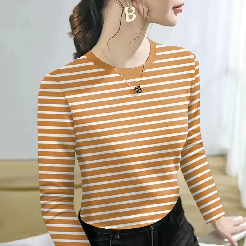 Striped Base Layer Shirt Women Casual Loose Long Sleeve round Neck Slimming Versatile T-Shirt Early Autumn Inner Wear Top