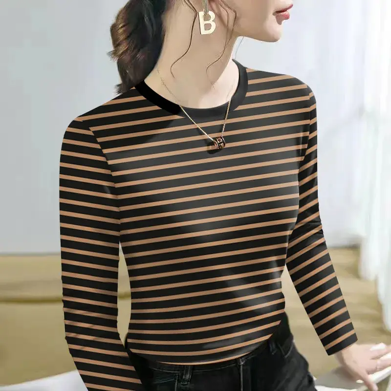 Striped Base Layer Shirt Women Casual Loose Long Sleeve round Neck Slimming Versatile T-Shirt Early Autumn Inner Wear Top
