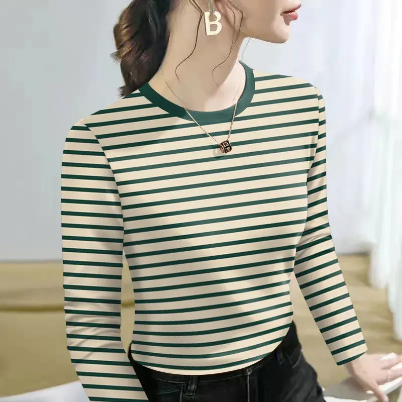 Striped Base Layer Shirt Women Casual Loose Long Sleeve round Neck Slimming Versatile T-Shirt Early Autumn Inner Wear Top