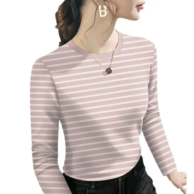 Striped Base Layer Shirt Women Casual Loose Long Sleeve round Neck Slimming Versatile T-Shirt Early Autumn Inner Wear Top