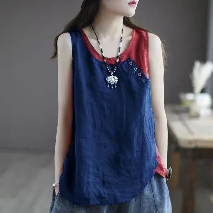 Summer New Women's Cotton Linen Strap Vest Thin Asymmetric Button Decoration Loose Splicing Strap T Breathable Comfortable