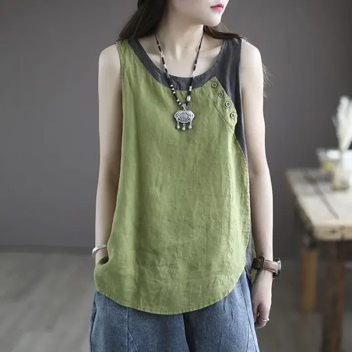 Summer New Women's Cotton Linen Strap Vest Thin Asymmetric Button Decoration Loose Splicing Strap T Breathable Comfortable