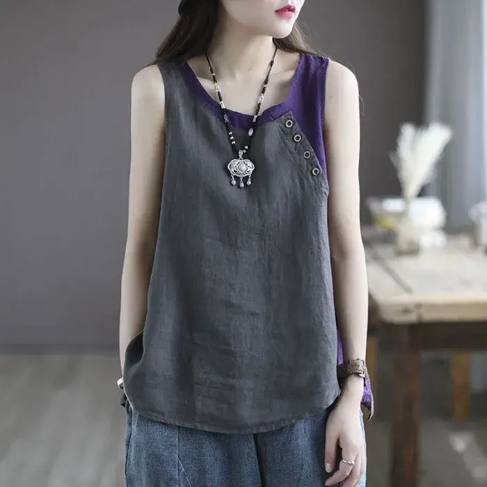 Summer New Women's Cotton Linen Strap Vest Thin Asymmetric Button Decoration Loose Splicing Strap T Breathable Comfortable