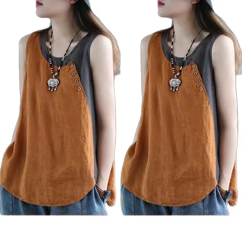 Summer New Women's Cotton Linen Strap Vest Thin Asymmetric Button Decoration Loose Splicing Strap T Breathable Comfortable