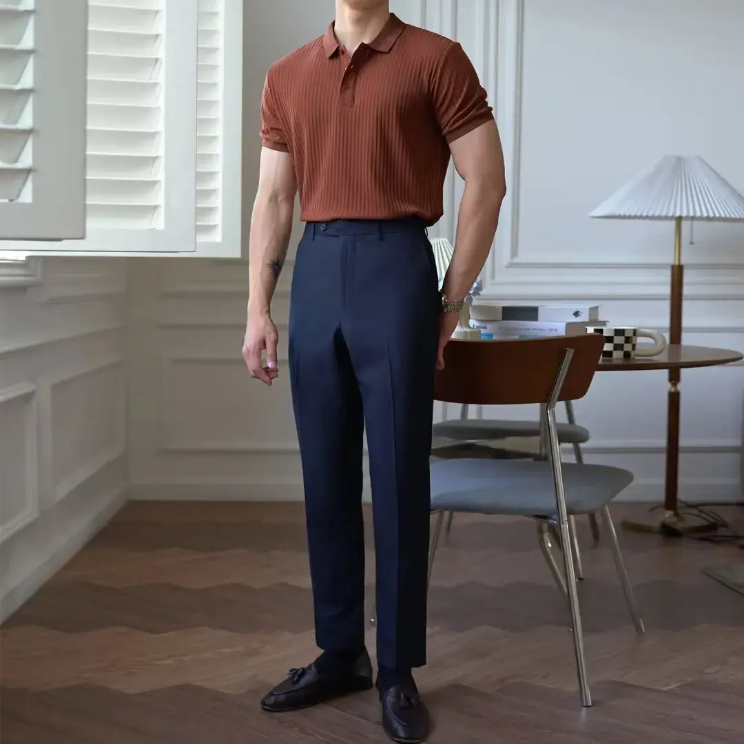 New Summer Trendy Striped Solid Color Short Sleeve Polo Shirt For Men Casual Vintage Versatile Lapel T-shirt Knitted Top